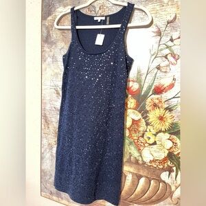 Sz XS Anthropologie Minnie Rose Dark Navy Blue Sequin Tank Dress Cottonblend